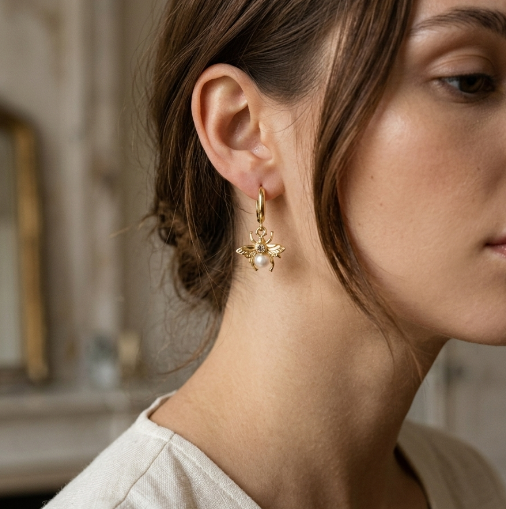 Close-up of a woman wearing a gold plated sterling silver earring with a faux pearl center