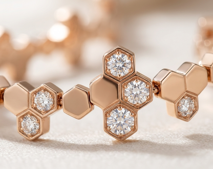 Veruccia rose gold necklace with hexagonal diamond accents on a soft white background