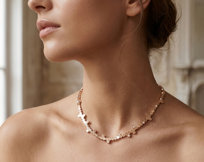Close-up of a woman wearing the Veruccia Hexagonal Necklace