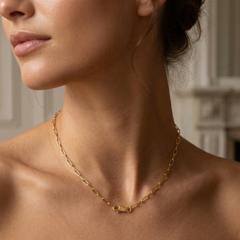 Close-up of a person wearing a Veruccia paperclip chain with a neutral background
