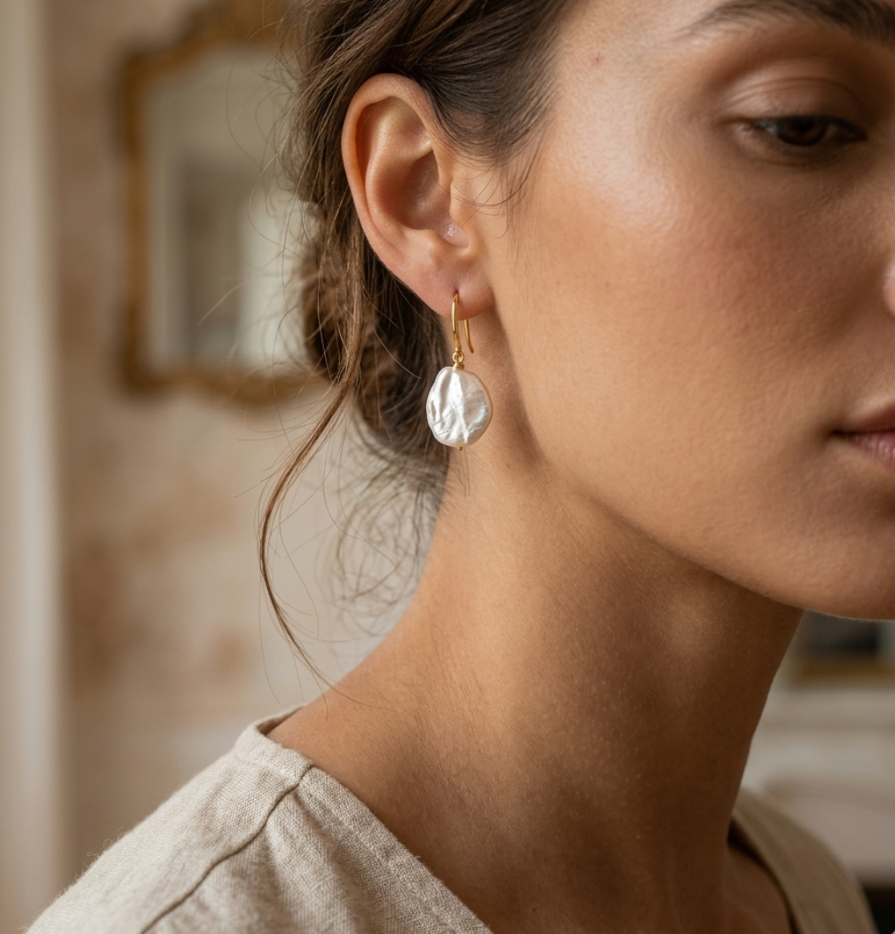 Close-up of a woman wearing a gold earring with a irregular shaped freshwater pearl.