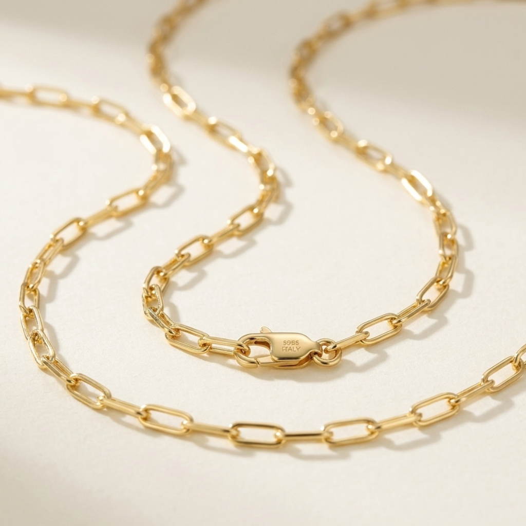 Veruccia paperclip necklace on a light beige background
