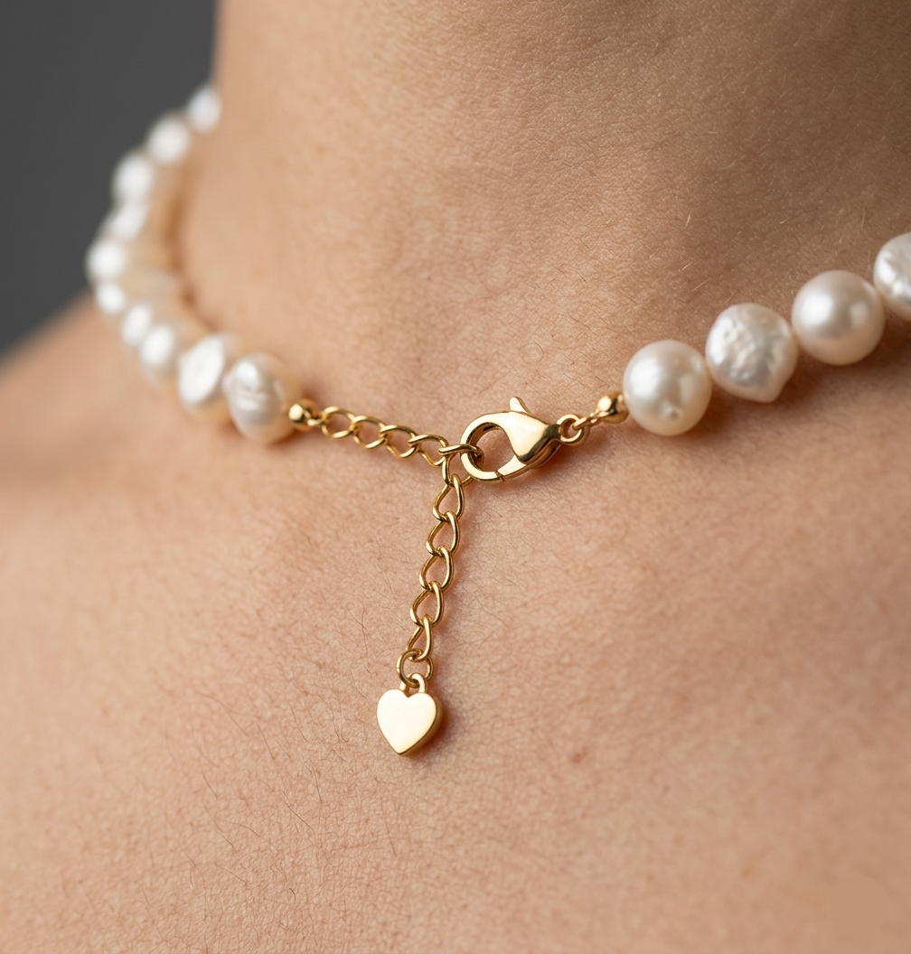 Pearl necklace with a gold clasp and heart charm on a person's neck against a neutral background