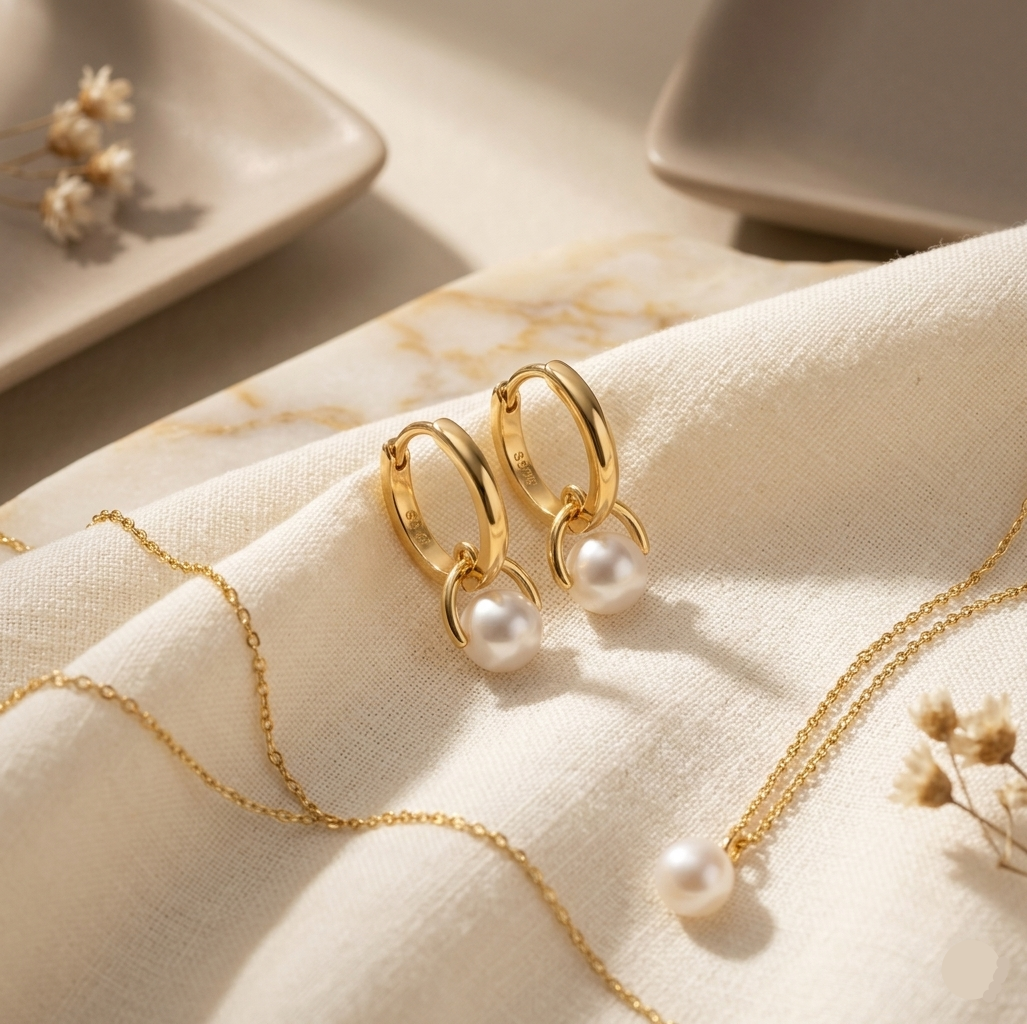 Gold hoop earrings with pearls on a beige fabric background