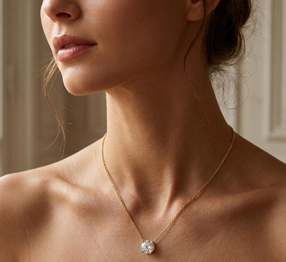 Close-up of a woman wearing a gold necklace with a cubic zirconia Veruccia pendant.
